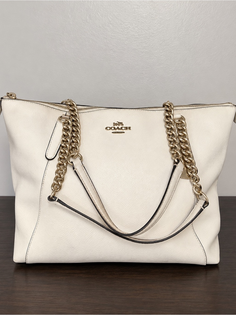 Coach Cream Leather Tote with Gold Chain Handles
